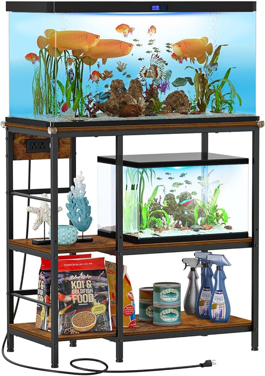 Snughome Fish Tank Stand with Charging Station, 10-29 Gallon Aquarium Stands 3-Tier, Adjustable Fish Tank Shelf for Home Heavy Duty Metal 33.07" x 16.53" x 32.67", Rustic Brown