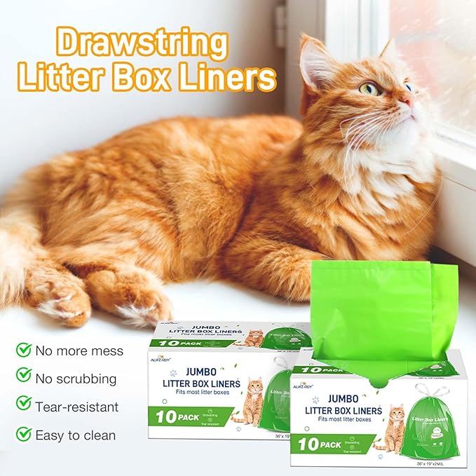 Cat Litter Box Liners 20-Pack, Heavy Duty Cat Litter Liners Jumbo Tear Resistant Waterproof Drawsting Extra Durable Easy Clean Up Fits Most Litter Boxes, Litter Box Liners 36" * 19", 20-Pack