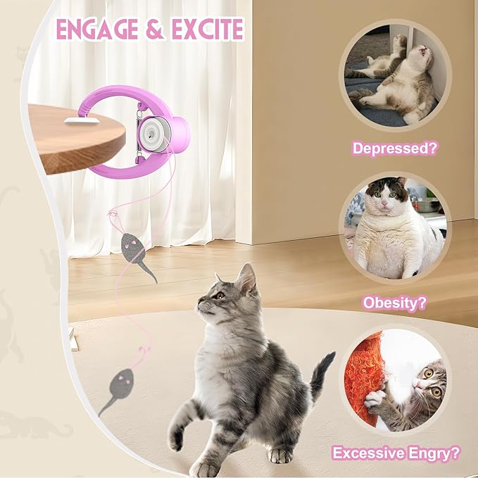 Cat Toy Interactive for Indoor Cats, Smart USB Rechargeable Door Hanging Automatic Retractable Kitten Toys, Teaser Electronic Self Play Feather Cat String Toys Attached with 3 Catnip Mice Purple