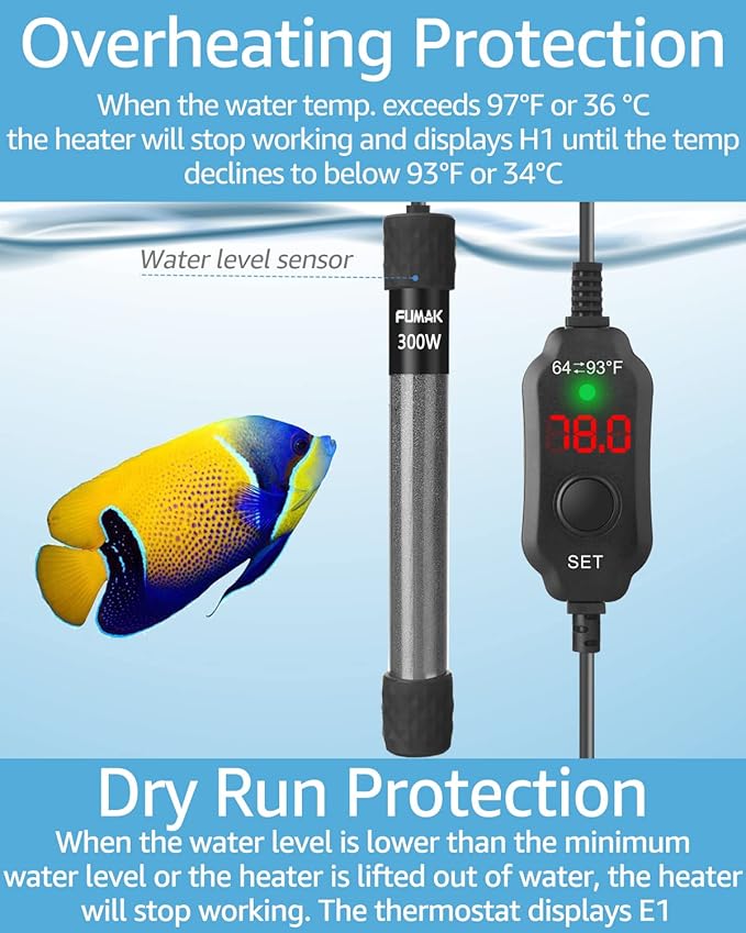 Kulife Fumak 300W Adjustable Aquarium Heater Super Short Submersible Fish Tank Heater Fish Heater with LED Digital Display Thermostat, for Tanks 40-60 Gallons