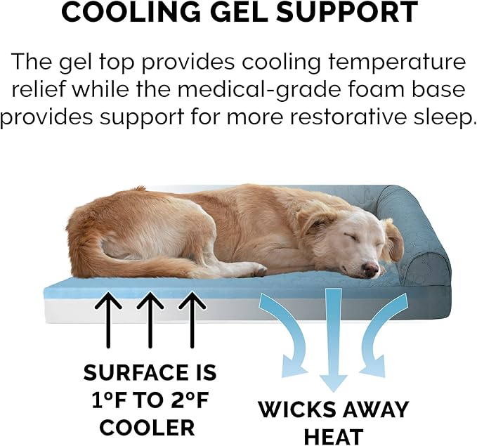 Furhaven Cooling Gel Dog Bed for Large/Medium Dogs w/ Removable Bolsters & Washable Cover, For Dogs Up to 55 lbs - Pinsonic Quilted Paw L Shaped Chaise - Bluestone, Large