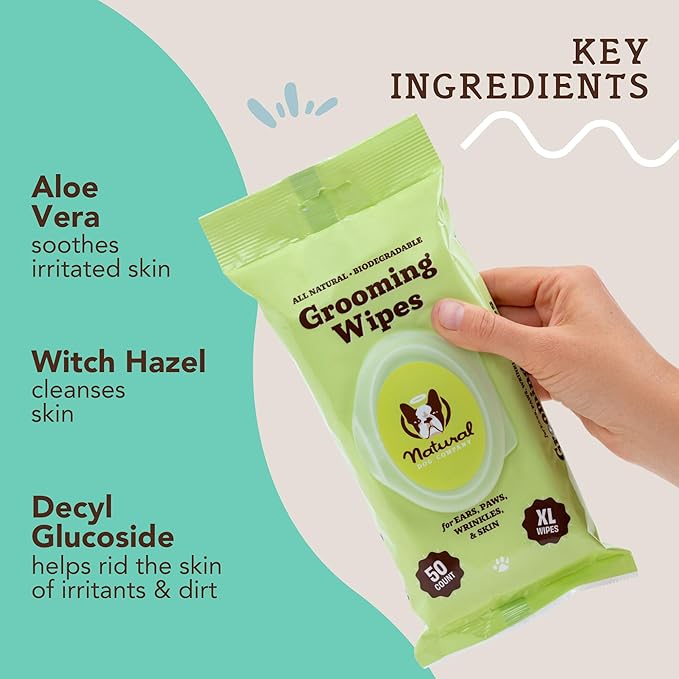 Natural Dog Company Grooming Wipes with Aloe Vera, Cleanses, Soothes, & Deodorizes, Fragrance Free, Hypoallergenic, Biodegradable Wipes - Dog Wipes for Ear, Paws, Face and Butt Wipes (200 Wipes)