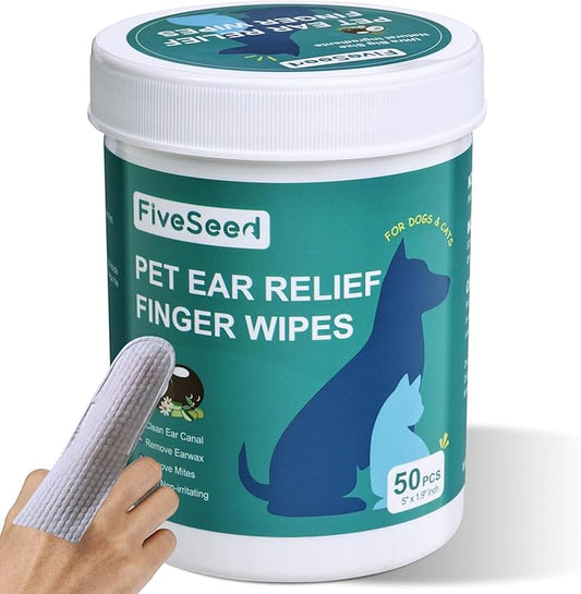 Ear Wipes for Dogs and Cats, Extra-Large Size Relief Finger Wipe Ear Cleaner to Stop Ear Itching and Infections, 50 Disposable Wipes