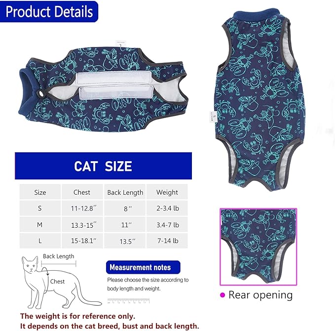 Cat Surgery Recovery Suit Cat Onesie for Cats After Surgery for Surgical Abdominal Wound Or Skin Diseases E-Collar Alternative Wear Cat Neutering Bodysuit Wear (Dark-blue-S)