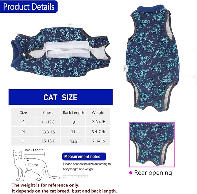 Cat Surgery Recovery Suit Cat Onesie for Cats After Surgery for Surgical Abdominal Wound Or Skin Diseases E-Collar Alternative Wear Cat Neutering Bodysuit Wear (Dark-blue-M)