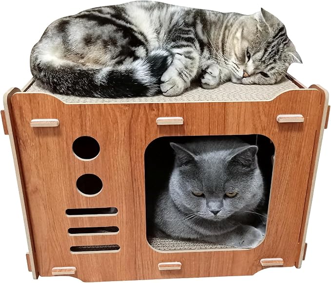 TV Wooden Cat Scratcher House Cardboard with 2 PCS Cat Scratch Pads 2 Story Cute Cat House with Scratcher Cat Scratchers Lounge Bed for Indoor Cats Play Cat Box cat Scratching House