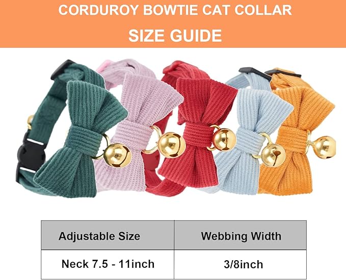 2 Pack Soft Corduroy Cat Collars with Bow Tie & Bell, Adjustable Breakaway Cotton Kitty Bowtie Collar for Girl Boy Kitten (Orange & Green)