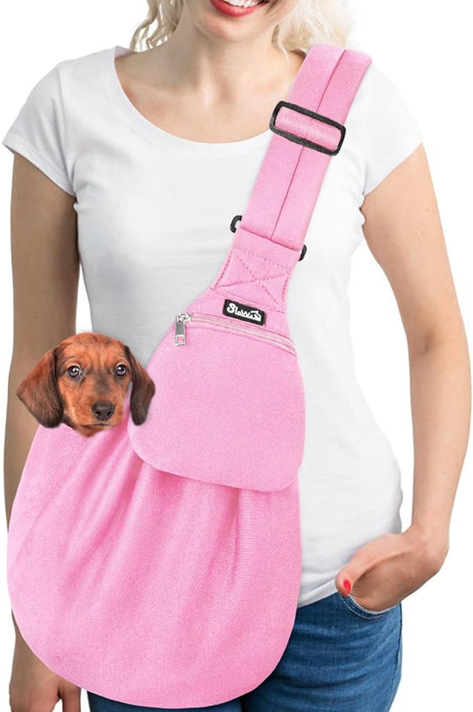 SlowTon Dog Carrier Sling - Thick Padded Adjustable Shoulder Strap Dog Carriers for Small Dogs, Puppy Carrier Purse for Pet Cat with Front Zipper Pocket Safety Belt Machine Washable (Pink Knitted, L)