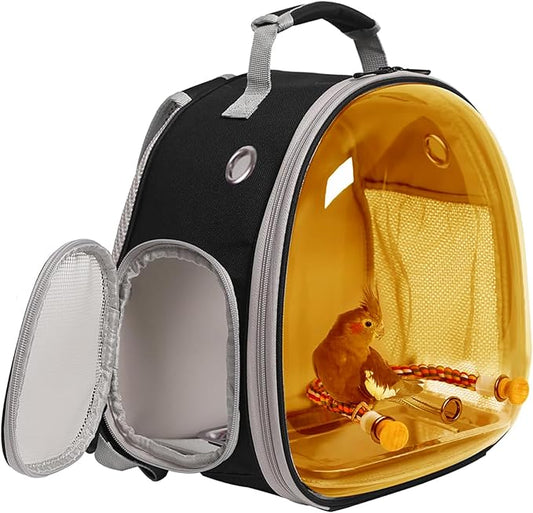 Polarized Tinted Brown Bubble Small Bird Carrier Cage, Bird Travel Backpack Carrier with Stainless Steel Tray and Standing Perch (Brown, Medium)