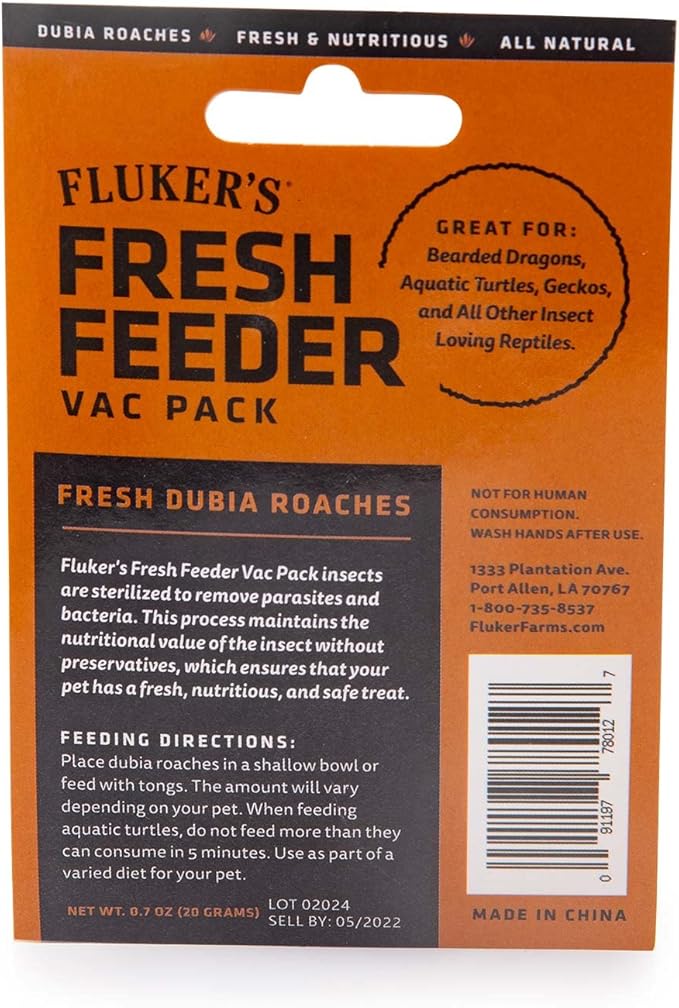 Fluker's Fresh Feeder Vac Pack Dubia Roaches, All Natural and Preservative Free, Great for Insect Eating Reptiles, Birds, or Small Animals, 0.7 oz