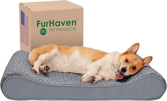 Furhaven Memory Foam Dog Bed for Large/Medium Dogs w/ Removable Washable Cover, For Dogs Up to 38 lbs - Ultra Plush Faux Fur & Suede Luxe Lounger Contour Mattress - Gray, Large
