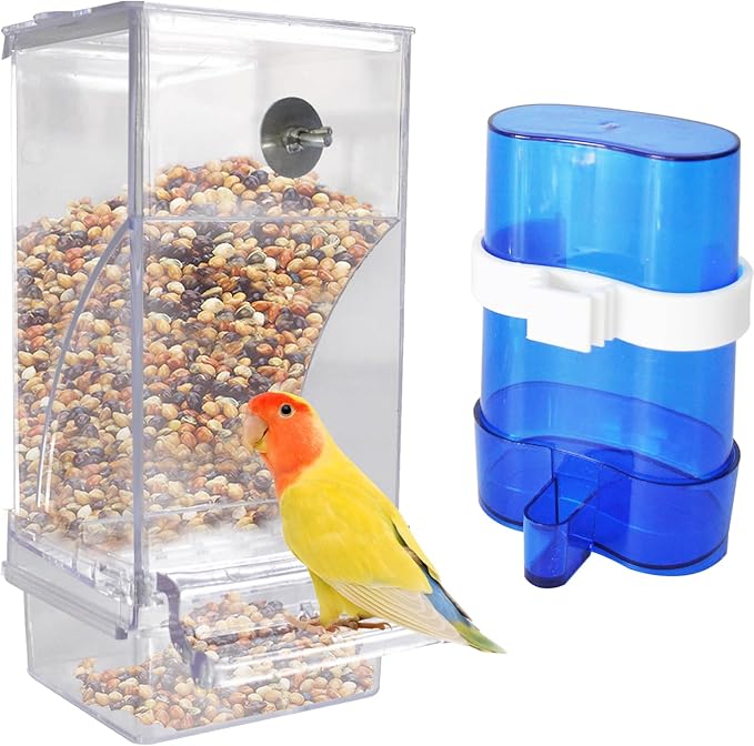 kathson No Mess Bird Feeder Water Dispenser Set,Automatic Parakeet Feeders Drinker Cage Acrylic Parrot Seed Food Dispenser Container Accessories for Small Lovebirds Canary Budgies Finch Squirrel(2Pcs)