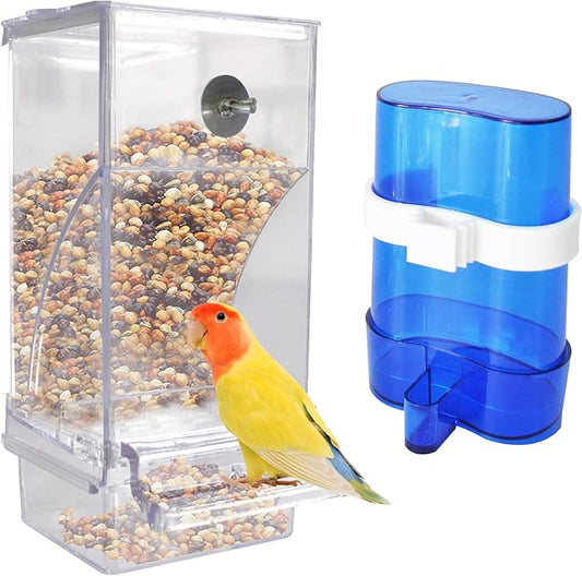 kathson No Mess Bird Feeder Water Dispenser Set,Automatic Parakeet Feeders Drinker Cage Acrylic Parrot Seed Food Dispenser Container Accessories for Small Lovebirds Canary Budgies Finch Squirrel(2Pcs)