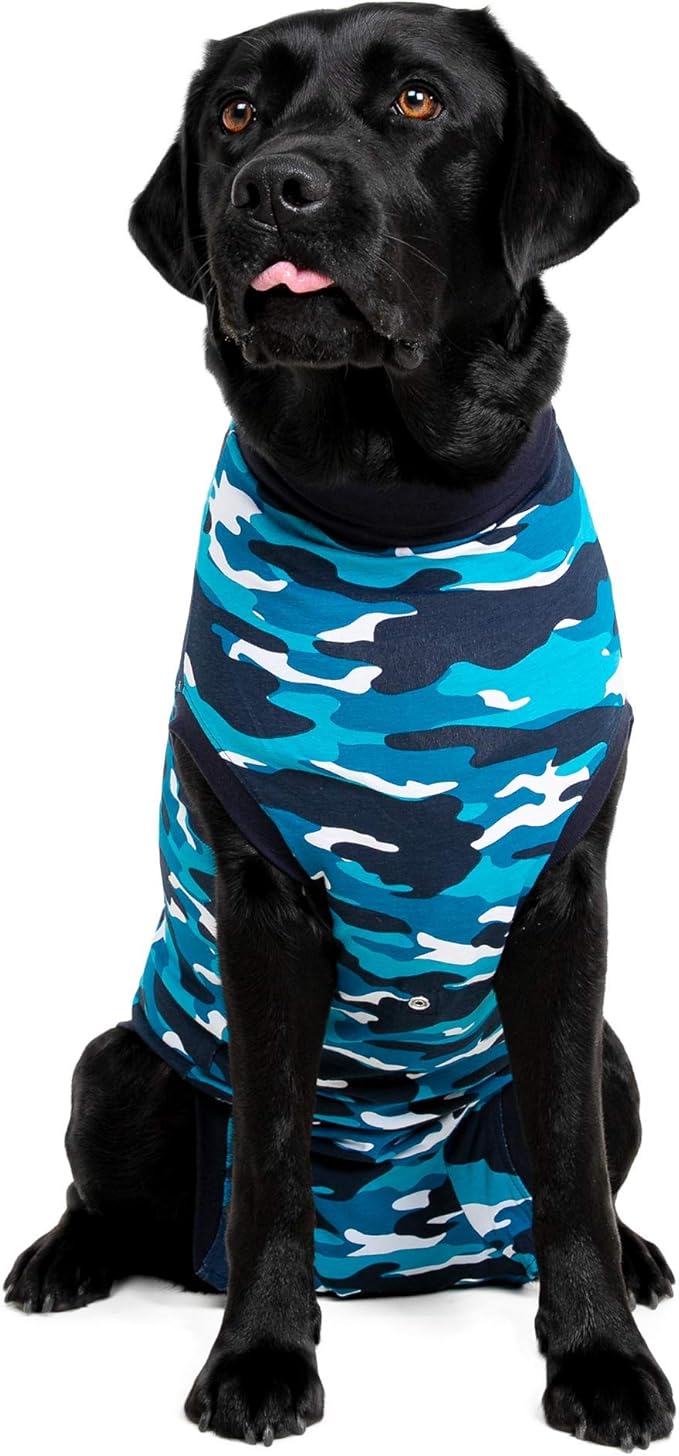 Suitical Recovery Suit for Dogs | Spay and Neutering Dog Surgery Recovery Suit for Male or Female | Soft Fabric for Skin Conditions | M+ | Neck to Tail 24.0”-28.3” | Blue Camouflage