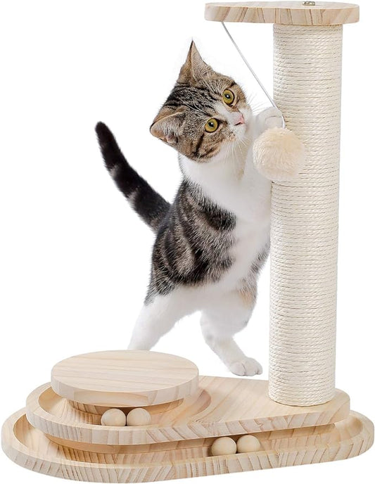 Made4Pets Cat Scratching Post Cat Scratcher Kitten Toys for Indoor Cats Wooden Ball Track Two-Layer Modern Sisal 17.7" Tall Scratch Post Interactive Toy with Dangling Ball