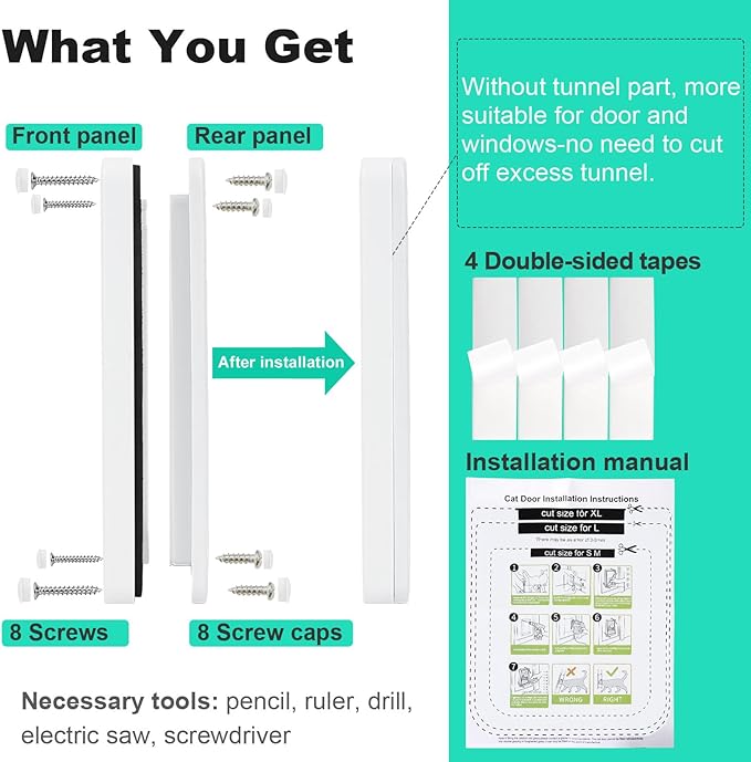 Thin Cat Door for Windows, Pet Doors and Sliding Door, Safety Pet Door with 4 Way Lock, Weatherproof Cat Flap for Thin Door and Wall(Medium, 6.7in x 6.3in Flap)