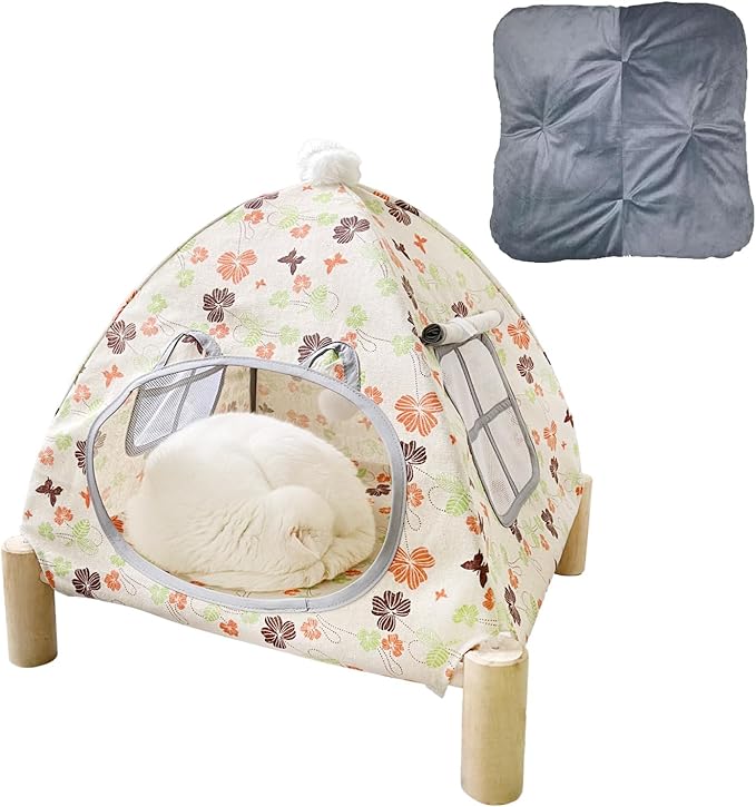 Pozico 2 in 1 Cat Bed Tent Wooden Frame Cat Teepee Cat Hammock, Quick Assembly and Disassembly, Portable Indoor/Outdoor Pet Dog Tent House for Cats Puppies Small Animals:Flowers Leaves Tent