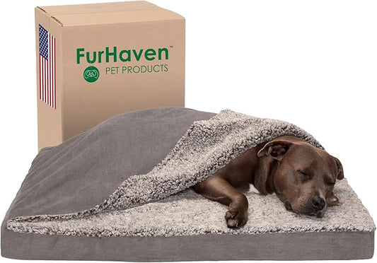 Furhaven Cooling Gel Dog Bed for Large/Medium Dogs w/ Removable Washable Cover, For Dogs Up to 55 lbs - Berber & Suede Blanket Top Mattress - Gray, Large