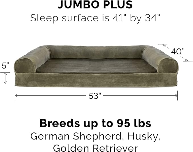 Furhaven Orthopedic Dog Bed for Large Dogs w/ Removable Bolsters & Washable Cover, For Dogs Up to 125 lbs - Faux Fur & Velvet Sofa - Dark Sage, Jumbo Plus/XXL