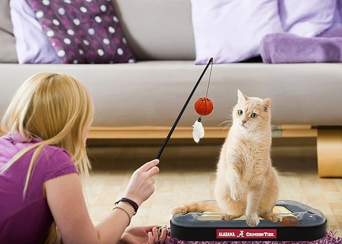 Cat Scratch Toy NCAA ALABAMA Crimson Tide REVERSIBLE Basketball Court Felt/Cardboard Cat Scratcher. Interactive Cat Ball Bell in Tracks. 6-in-1 CAT TOY. Cat Wand Poll, CATNIP-FILLED Plush Basketball