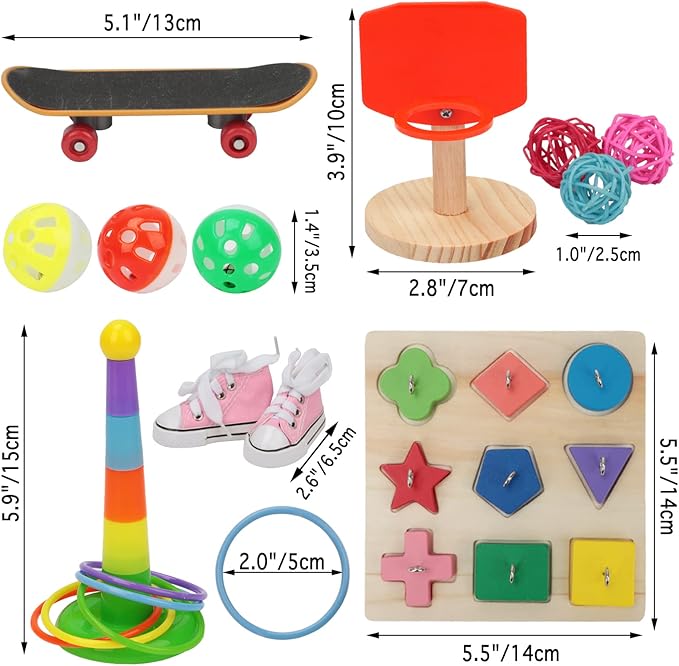 BWOGUE 12PCS Bird Training Toys Parrot Intelligence Toy Mini Sneaker Skateboard Parrot Wooden Block Puzzles Toy Bird Basketball Toy Stacking Rings for Budgie Parakeet Cockatiel Conure Lovebird