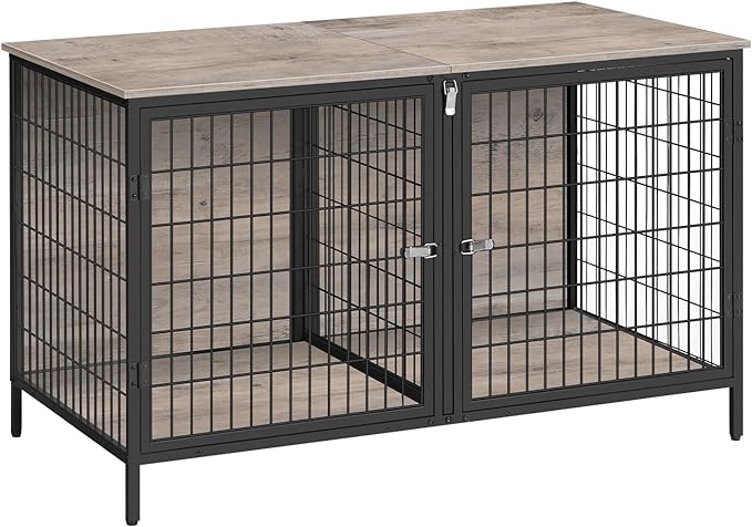 Dog Crate Furniture for 2 Dogs, 43.3" Dog Kennel with Removable Divider, Heavy Duty Wooden Dog Kennel for Small Medium Dog, Indoor Dog Cage End Table with Double Rooms, Greige DCHG1201