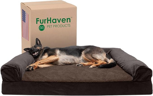 Furhaven Cooling Gel Dog Bed for Large Dogs w/ Removable Bolsters & Washable Cover, For Dogs Up to 125 lbs - Sherpa & Chenille Sofa - Coffee, Jumbo Plus/XXL