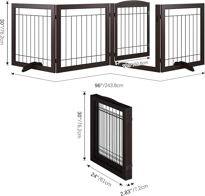 Folding Pet Gate 96" Wide, 30" Tall No-Assembly Wooden Dog Gate with Door Walk Through, Freestanding Wire Pet Gate, Pet Puppy Safety Fence, with 2PCS Support – Espresso