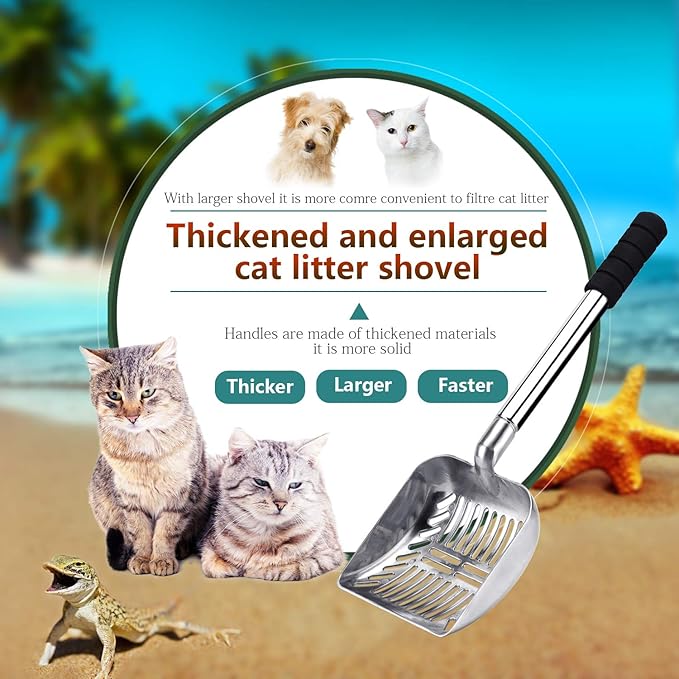 Cat Litter Scoop, with Retainer,Stainless Steel Retractable Litter Scoop with Foam Pad Grip, Non-Bending Heavy Duty Cat Litter Scoop, Non-Stick Large Cat Litter Scooper for Multi-Cat Households