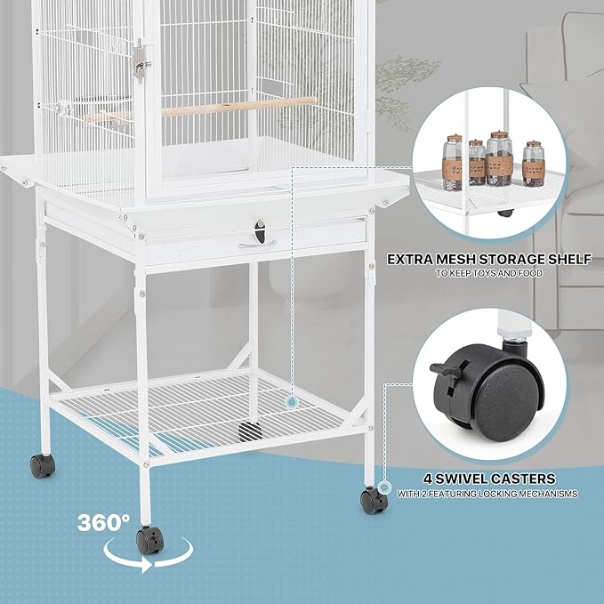 MoNiBloom 54 Inch Bird Cage w/Acrylic Door, Open Top Roof Birdcage for Finches Canaries Lovebirds Medium Small Parrots, Flight Birdcage w/Rolling Stand, White