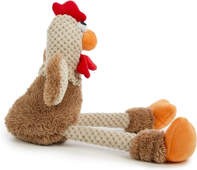 goDog Checkers Skinny Rooster Squeaky Plush Dog Toy, Chew Guard Technology - Brown, Small