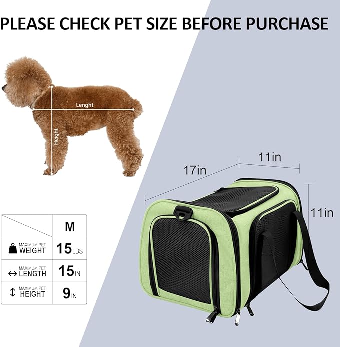 Henkelion Pet Carrier for Small Medium Cats Dogs Puppies up to 15 Lbs, Airline Approved Small Dog Carrier Soft Sided, Collapsible Travel Puppy Carrier - Green