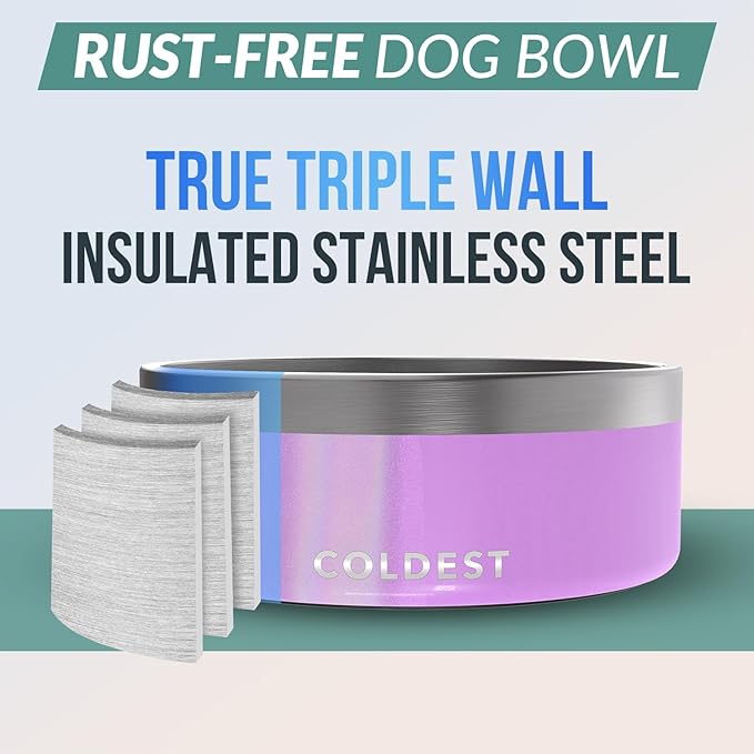 Coldest Dog Bowl, Anti Rust Metal & Non Slip Dog Bowls Large, Spill Proof Heavy Duty 3 Layers Insulated Dog Bowl, Food & Water Bowl for Dogs, Cats, Dishwasher Safe (64 oz, Saturns Purple Glitter)