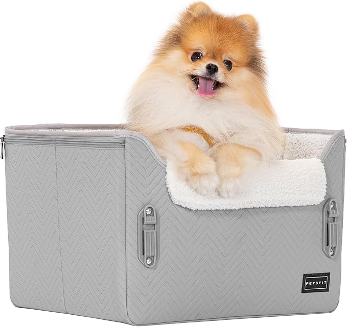 PETSFIT Dog Booster Seat, Portable Dog Car Seats for Small Dogs with Clip-On Leash, Patent Safe Buckles, Dog Booster Car Seat Suitable for Small Pets Up to 25lbs (Light Grey)