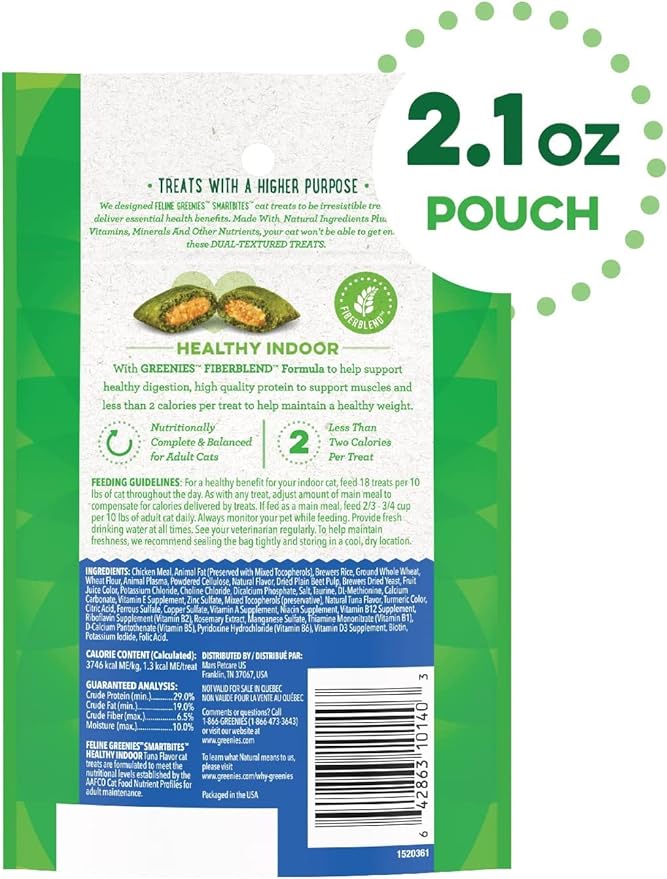 Greenies American Distribution & Mfg 10140G Feline Smartbites Cat Treats, Tuna, Hairball Control, 2.1-oz. - Quantity 1212