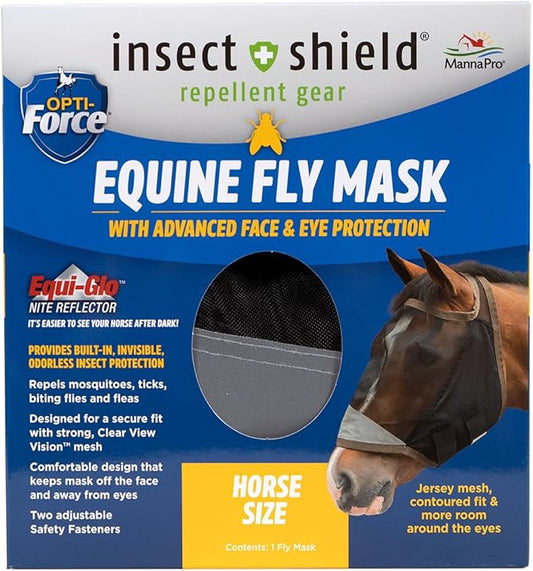 Manna Pro Opti-Force-Force Equine Fly Mask-Horse Fly Mask with UV Protection and Insect Repellent, Adjustable Fit for Comfort - Without Ears Standard