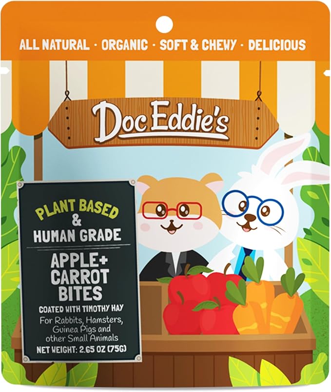 DOC EDDIE'S Apples+Carrots Small Animal Treats or Snack for Hamster, Guinea Pig, Rabbit, Chinchilla, Bunny, Gerbil, Mouse, Rat, Hedgehog, or Squirrel - 5oz - Made with Real Fruit, Organic Ingredients