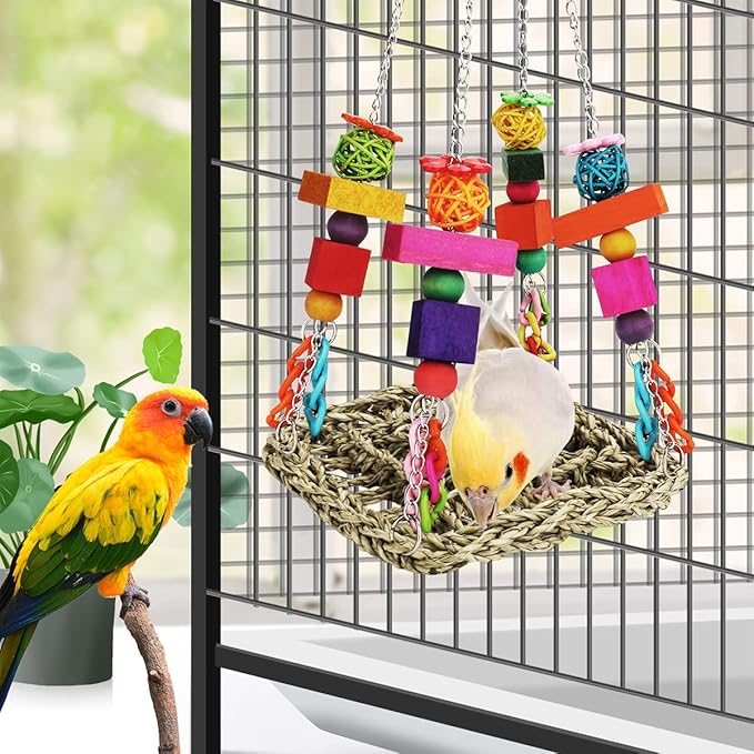 Bird Toys Parakeet Toys Conure Toys Bird Foraging Wall Toy,Seagrass Woven Hammock Swing Mat for Climb Perch Swing with Colorful Wooden Chewing Toys for Lovebirds,Parakeets,Conure,Cockatiel (Middle)