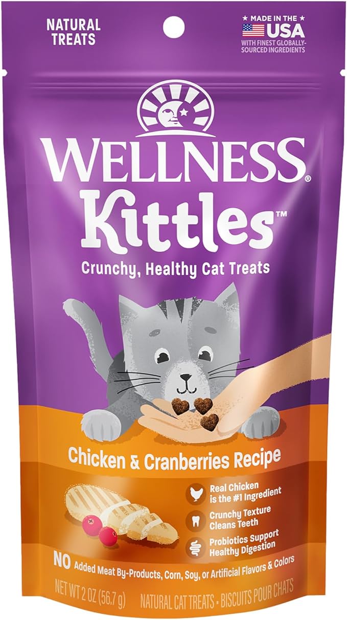 Wellness Kittles Crunchy Natural Grain Free Cat Treats, Chicken & Cranberries Recipe, All Life Stages, 2-Ounce Bag