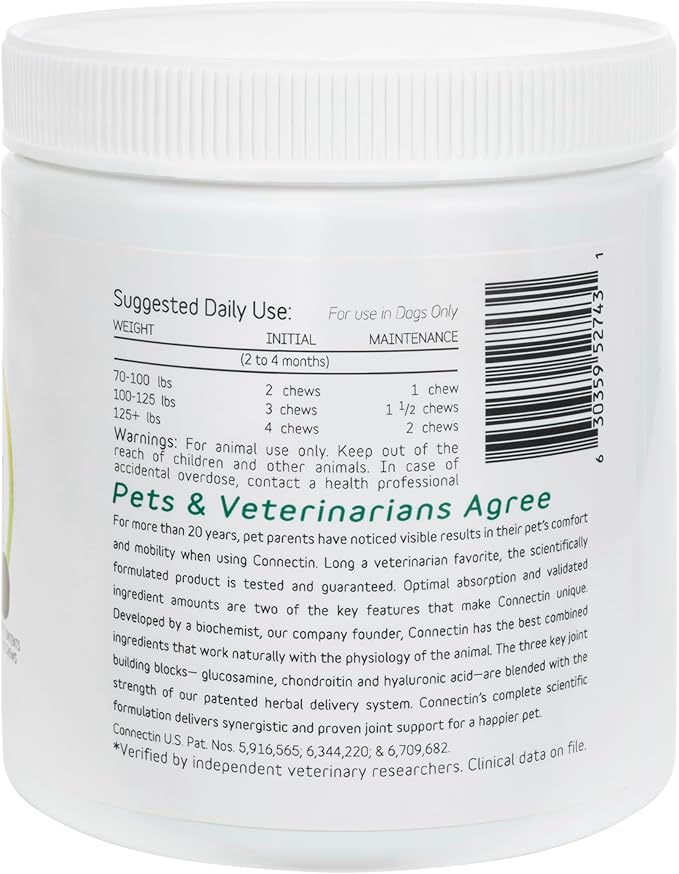 In Clover Connectin Hip and Joint Tablet Supplement for Large Dogs. Combines Glucosamine, Chondroitin and Hyaluronic Acid with Herbs for Comfort and Mobility