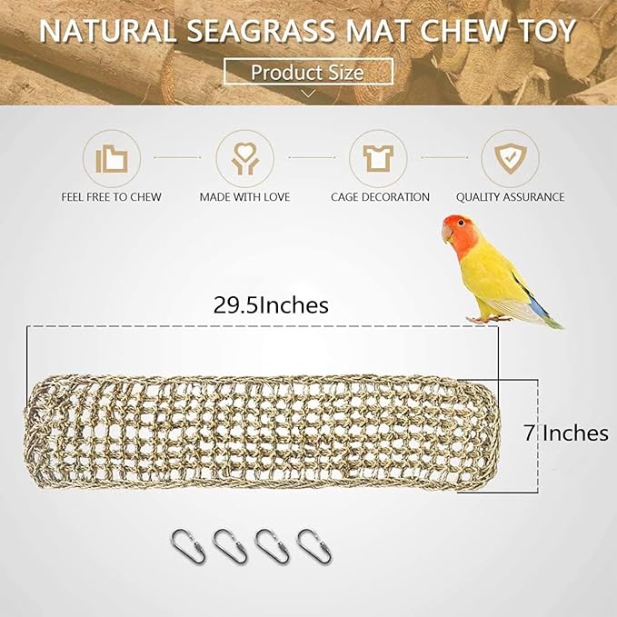 Bird Seagrass Mat 29.5"×7" Parrot Natural Grass Woven Net Hammock Hanging on Cage with Hooks Parakeet Climbing Rope Ladder Chew Toys for Pigeon Cockatiel Conure Budgie Cockatoo Rat