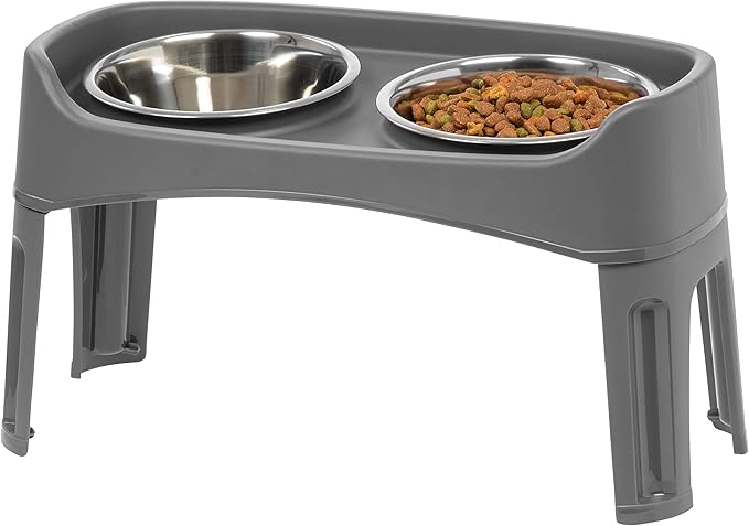 IRIS USA Elevated Dog Bowls, Adjustable Height, 2 Thick 64 oz Stainless Steel Bowls, Spill-Proof with Raised Outer Rim, Durable Made in USA Plastic, Easy Assemble, 2 Heights 4.63" or 12.25" Dark Gray