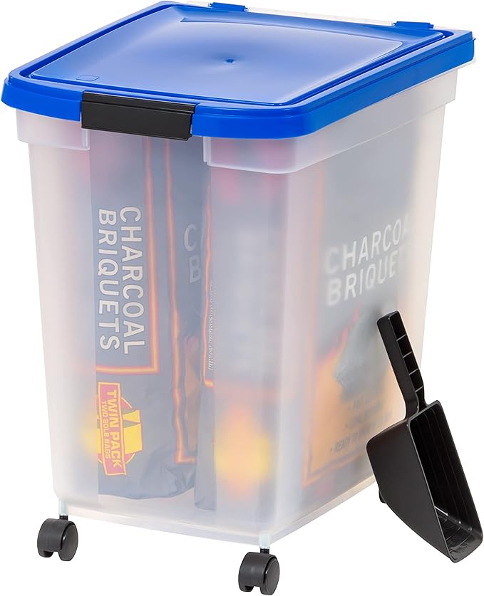 IRIS USA 64 Qt Charcoal Storage Container with Gasket Seal Lid, BPA-Free, Made in USA - Heavy Duty, Grilling Supplies Weather Proof Bin, WEATHERPRO - Clear/Blue