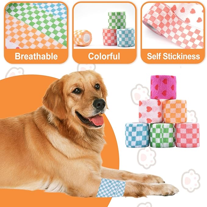 6 Roll 2 Inch x 5 Yards Checkered and Heart Print Pet Vet Wrap for Dogs Cats, Cohesive Bandages in Bulk, Non-Woven Self Adhesive Bandages Wrap Roll for Animals Wound Care, Ankle Sprains and Swelling