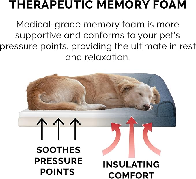 Furhaven Memory Foam Dog Bed for Medium/Small Dogs w/ Removable Bolsters & Washable Cover, For Dogs Up to 35 lbs - Plush & Almond Print L Shaped Chaise - Blue Almonds, Medium