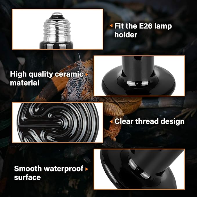 Simple Deluxe 50W Reptile Ceramic Heat Lamp Bulb and 150W Clamp Light with 8.5 Inch Reflector for Amphibian Pet, Black&Silver