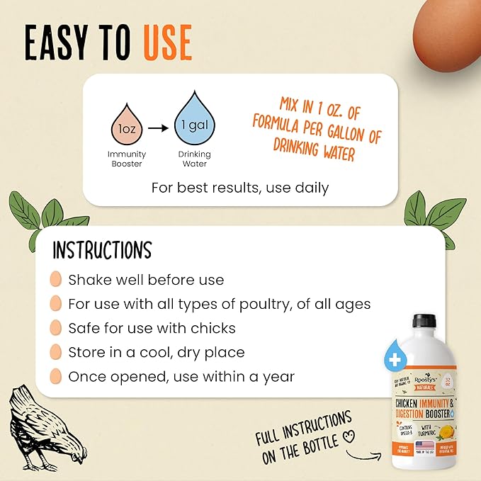 Roosty's Naturals Chicken Immunity & Digestion Booster | 32oz Chicken Supplements | Omega-3 Chicken Vitamins and Supplements | Poultry Vitamins for Chickens | Bird Health Supplies