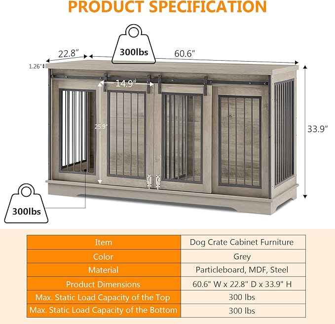 2-in-1 Double Dog Crate Furniture with Divider 60.6 Inch Grey Sturdy Dog Kennel TV Stand with 2 Sliding Doors and Thick Iron Door Frame for 2 Dogs