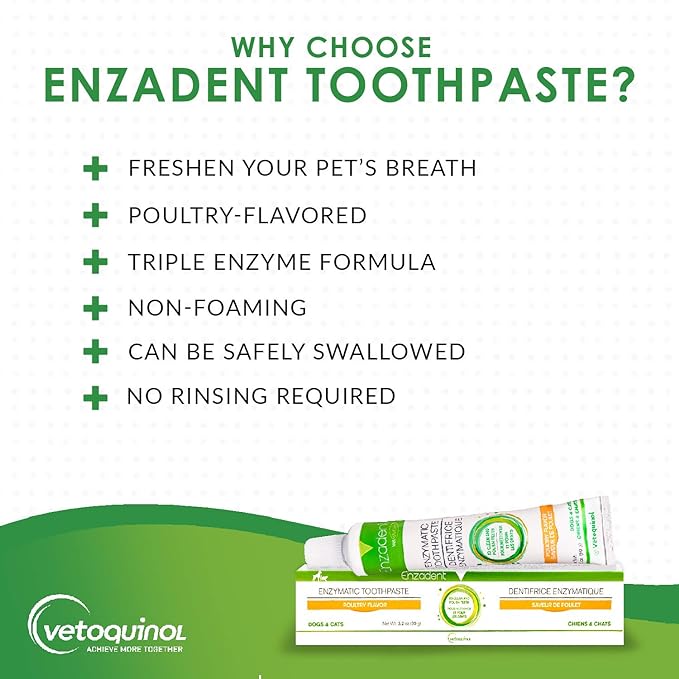 Vetoquinol Enzadent Enzymatic Toothpaste for Cats & Dogs – 3.2 oz, Poultry Flavor – Triple Enzyme Formula for Healthy Teeth & Gums – Oral Dental Care: Removes Plaque, Polishes Teeth & Freshens Breath