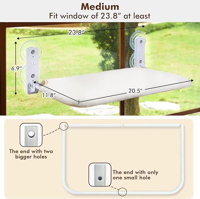 AMOSIJOY Cordless Cat Window Perch, Cat Hammock for Wall with 4 Strong Suction Cups, Solid Metal Frame and Reversible Cover, Foldable Cat Beds for Indoor Cats (Medium-White)